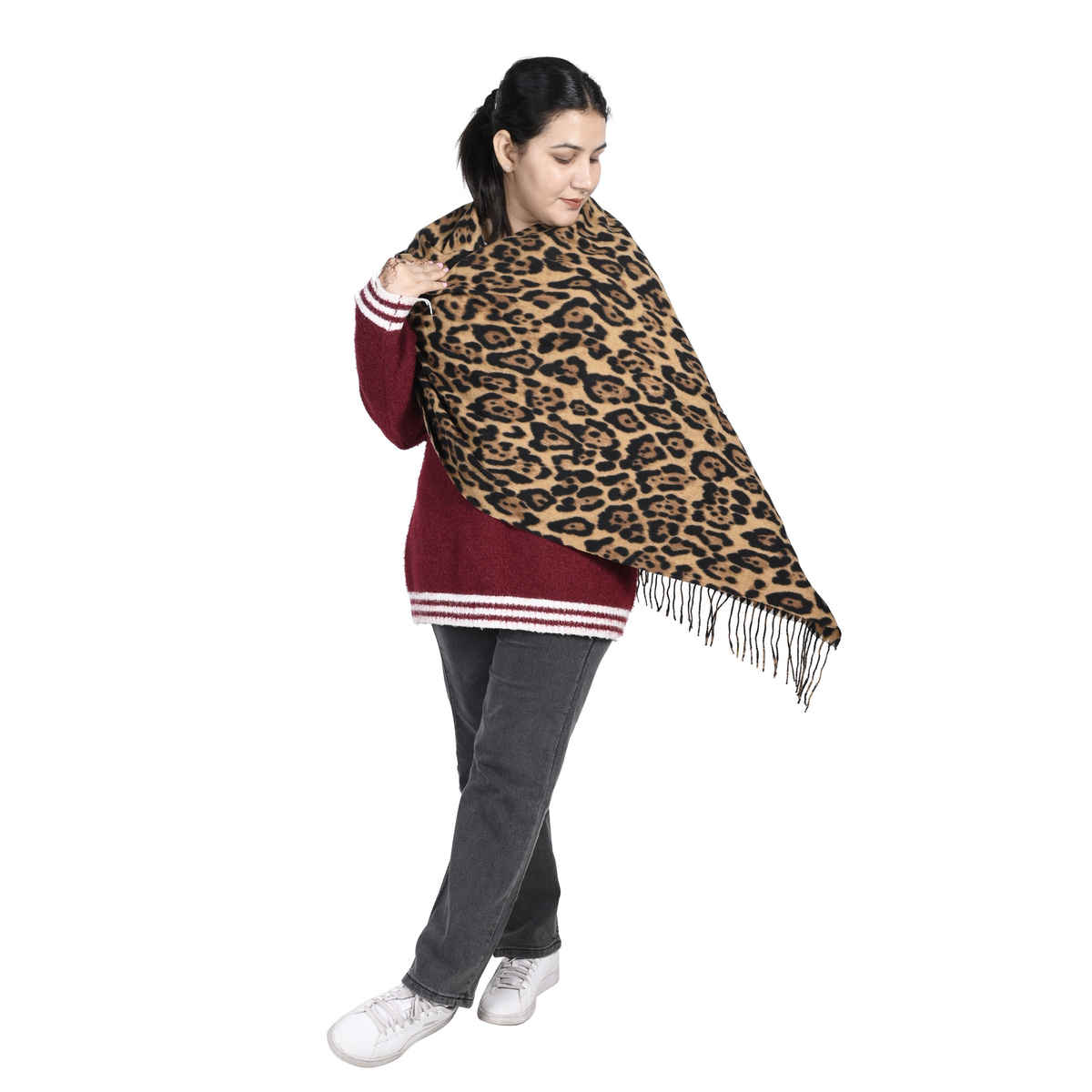 Calvadoss Women's Printed Stole With Fringed Border | STL1532 | Brown and Black