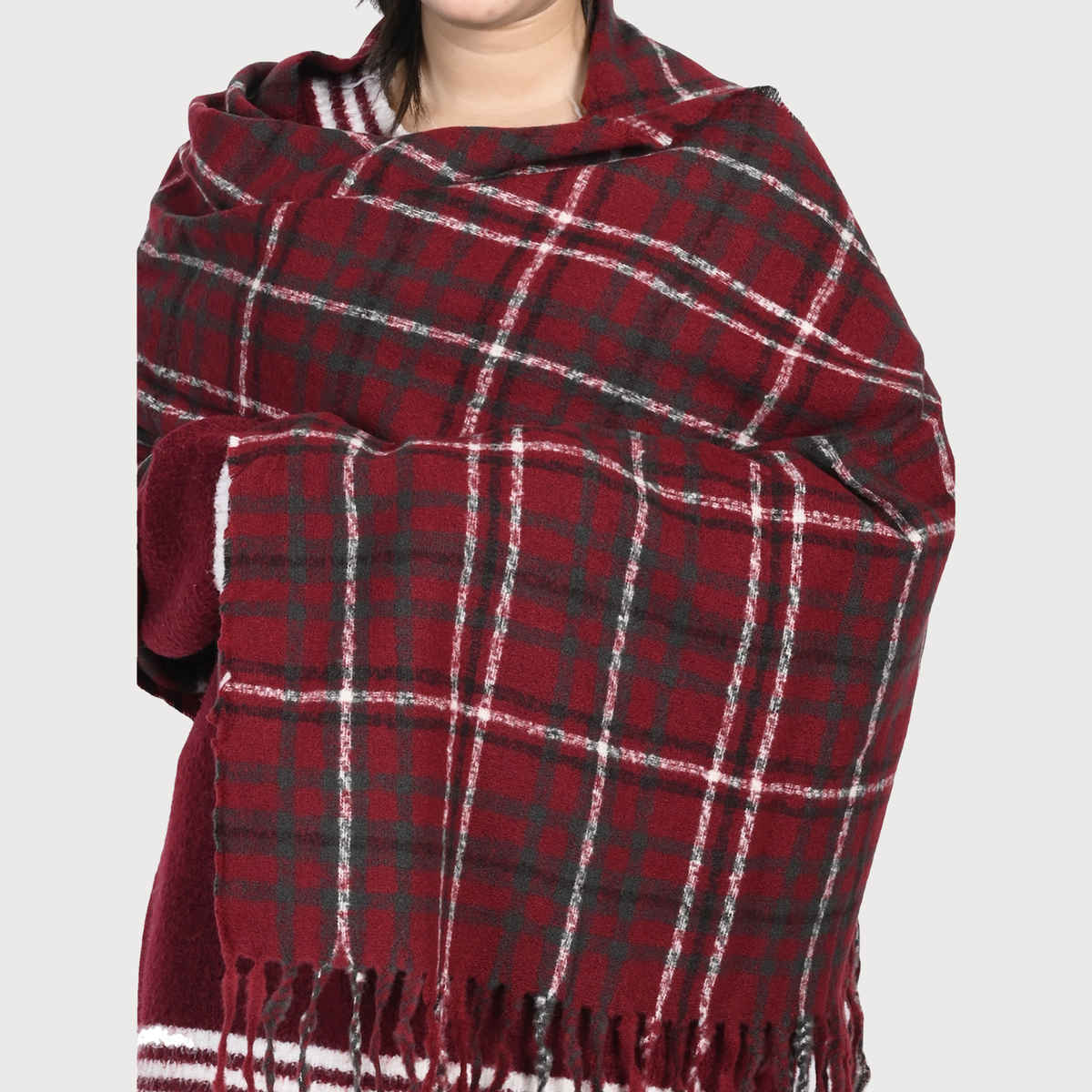 Calvadoss Women's Checked Stole With Fringed Border | STL1534 | Maroon
