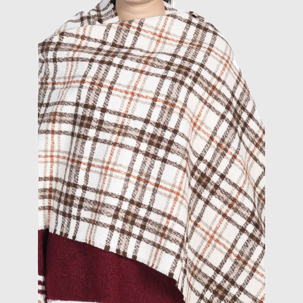 Calvadoss Checked Stole With Fringed Border | STL1516 | White and Brown