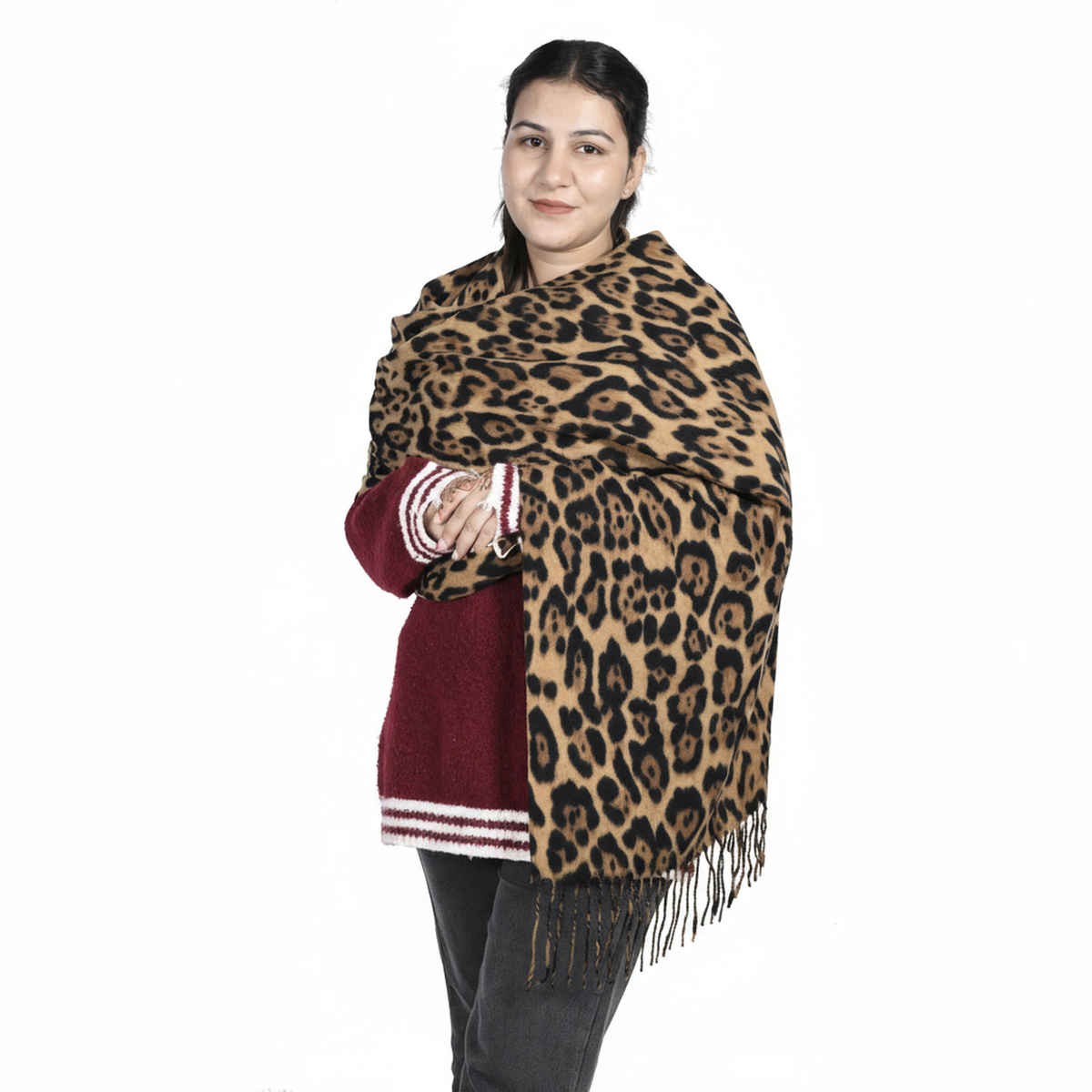 Calvadoss Women's Printed Stole With Fringed Border | STL1532 | Brown and Black