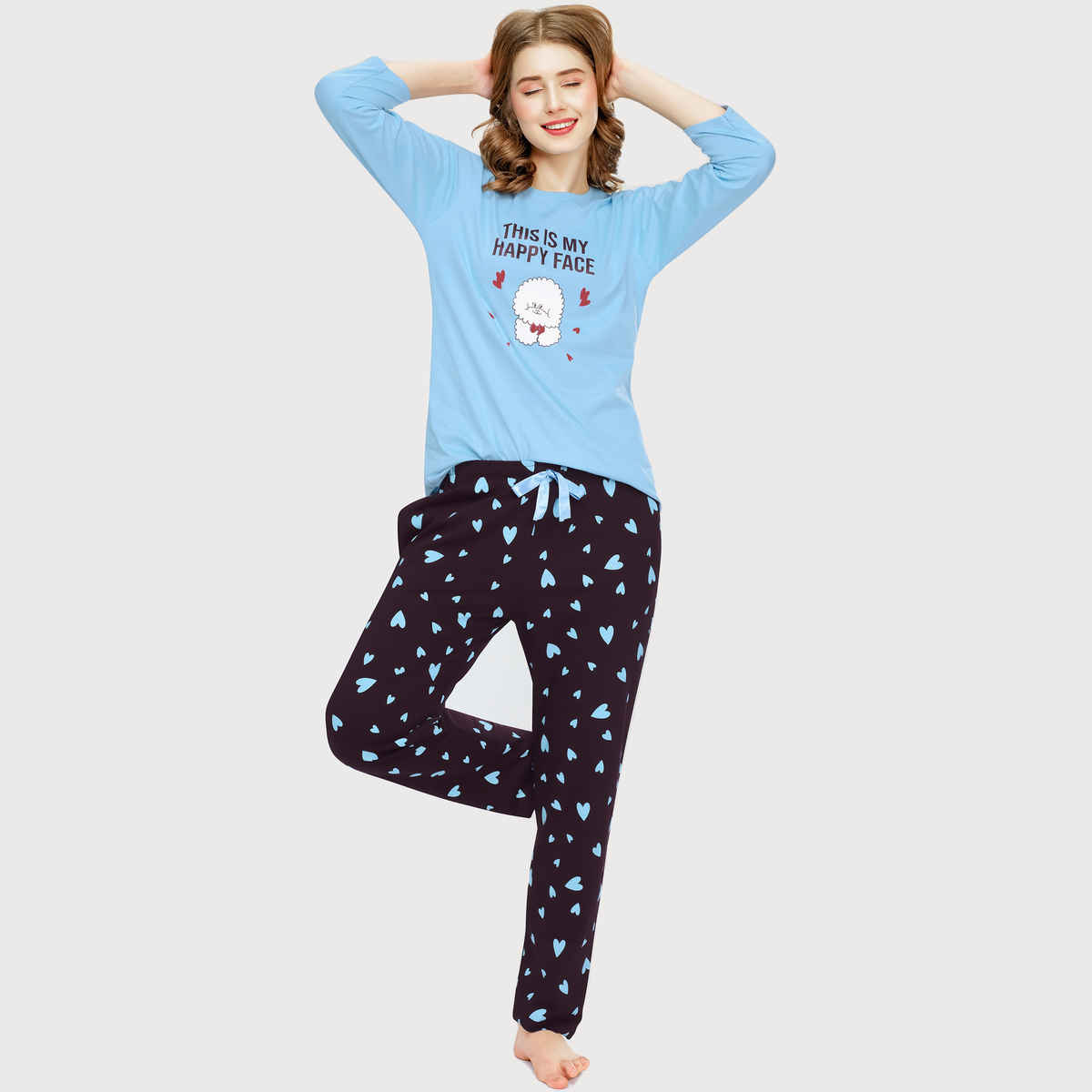 Zeyo Night Suit for Women Blue Heart Printed Cotton Night Dress of Top & Pajama Set 5783-BE- XL