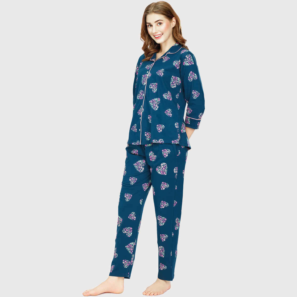 Zeyo Night Suit for Women Teal Heart Printed Cotton Night Dress | Shirt & Pajama Set 5758-TB- XL