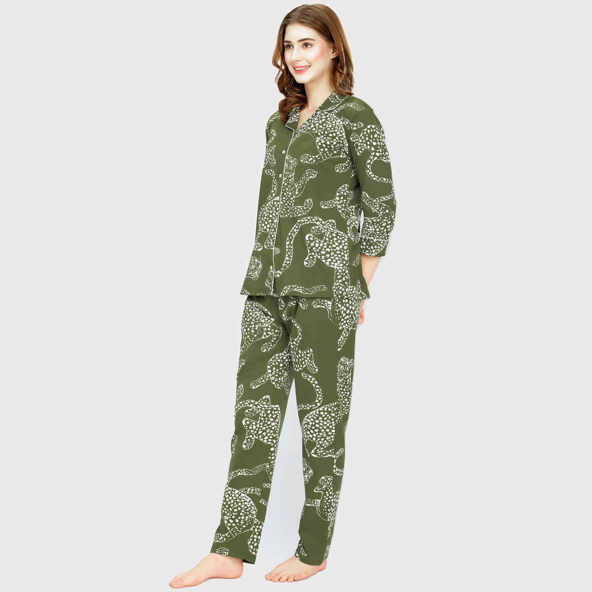 Zeyo Night Suit for Women Olive Leopard Printed Cotton Night Dress | Shirt & Pajama Set 5765-OL- L