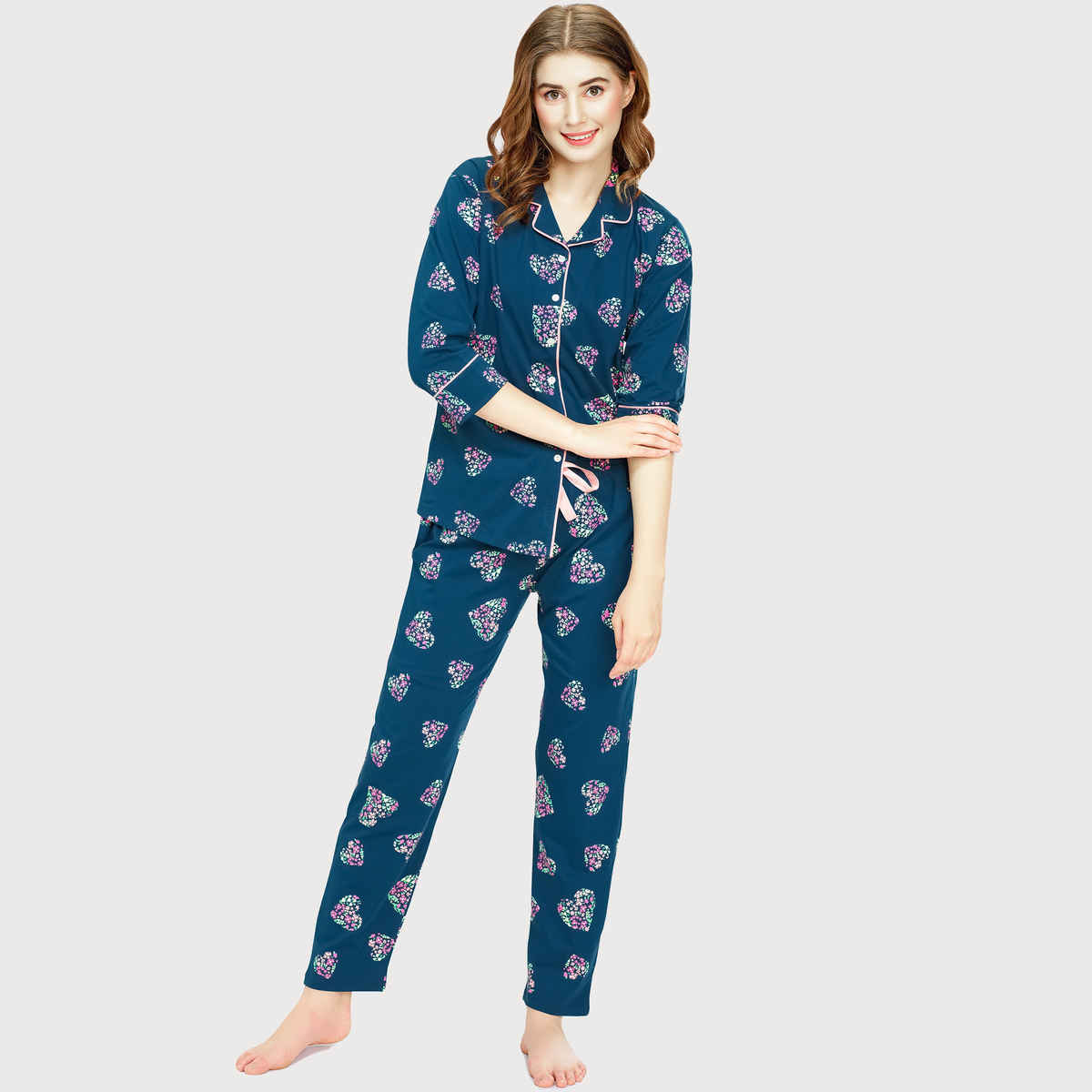 Zeyo Night Suit for Women Teal Heart Printed Cotton Night Dress | Shirt & Pajama Set 5758-TB- XL