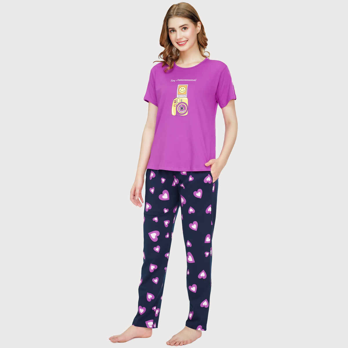 Zeyo Night Suit for Women Pink Heart Printed Cotton Night Dress of Top & Pajama Set 5771-PK- XL