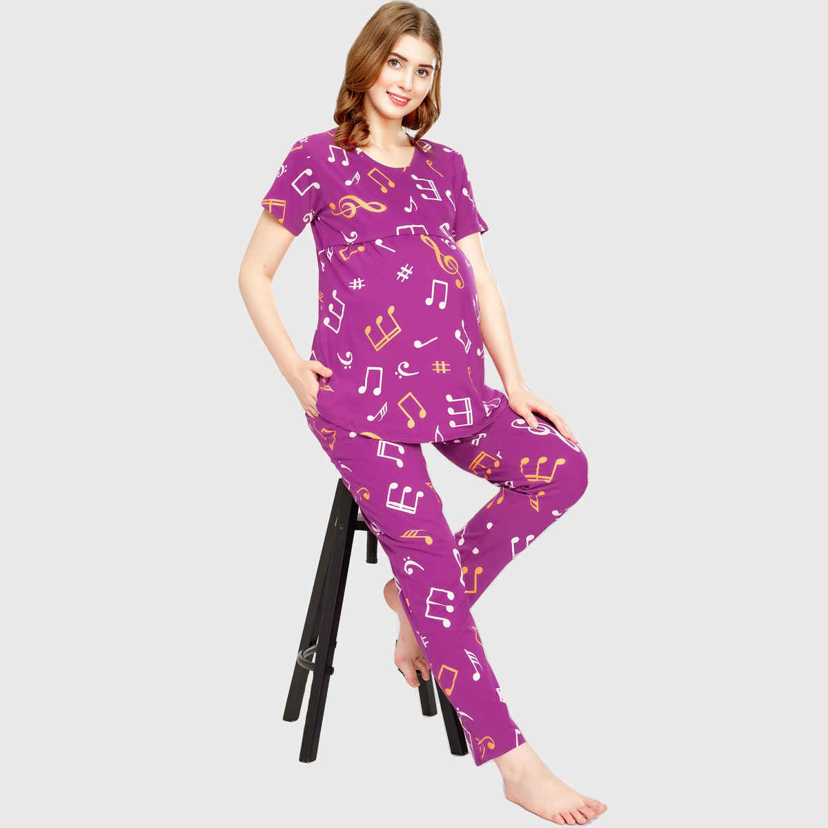Zeyo Women Cotton Musical Notes Printed Purple Maternity Set | Top & Pyjama 5802-PP- XXL