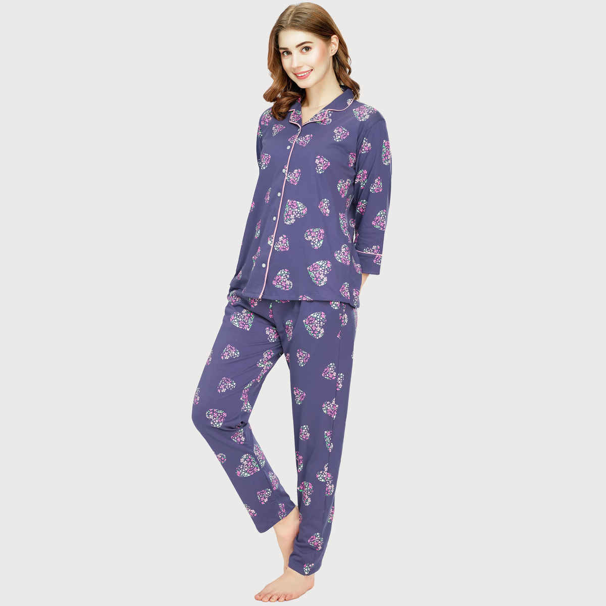 Zeyo Night Suit for Women Blue Heart Printed Cotton Night Dress | Shirt & Pajama Set 5758-BE- M