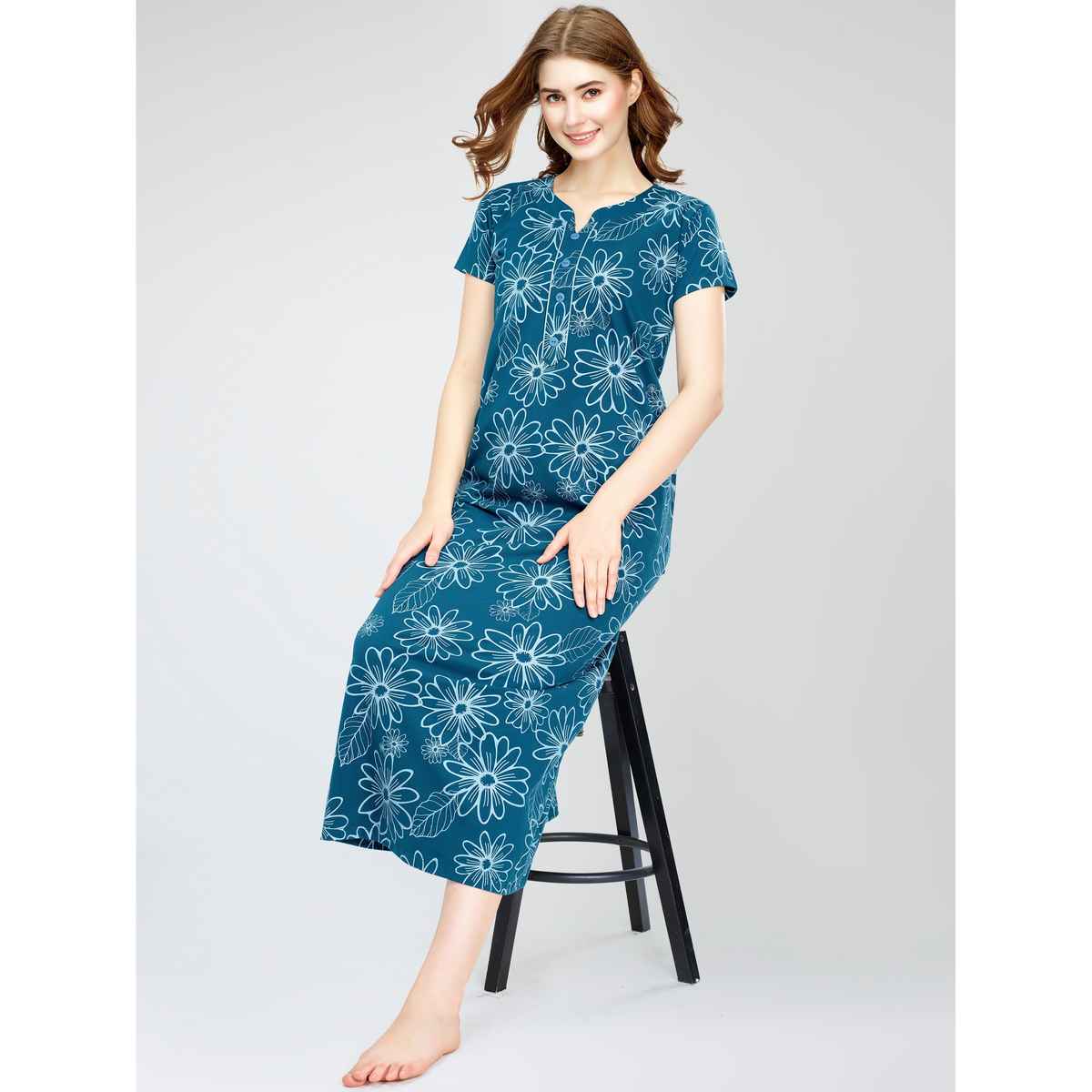 Zeyo Women Cotton Floral Printed Teal Blue Maxi Long Nighty For Women stylish 5834-TB- M