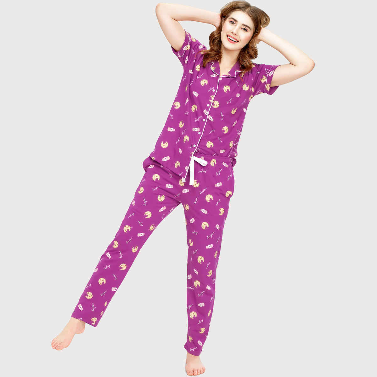 Zeyo Night Suit for Women Purple Cookies Cup Print Cotton Night Dress | Shirt-Pajama 5752-PP- XXL