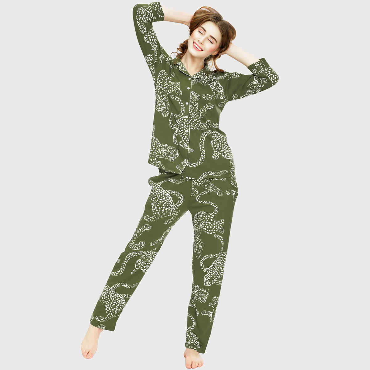 Zeyo Night Suit for Women Olive Leopard Printed Cotton Night Dress | Shirt & Pajama Set 5765-OL- L