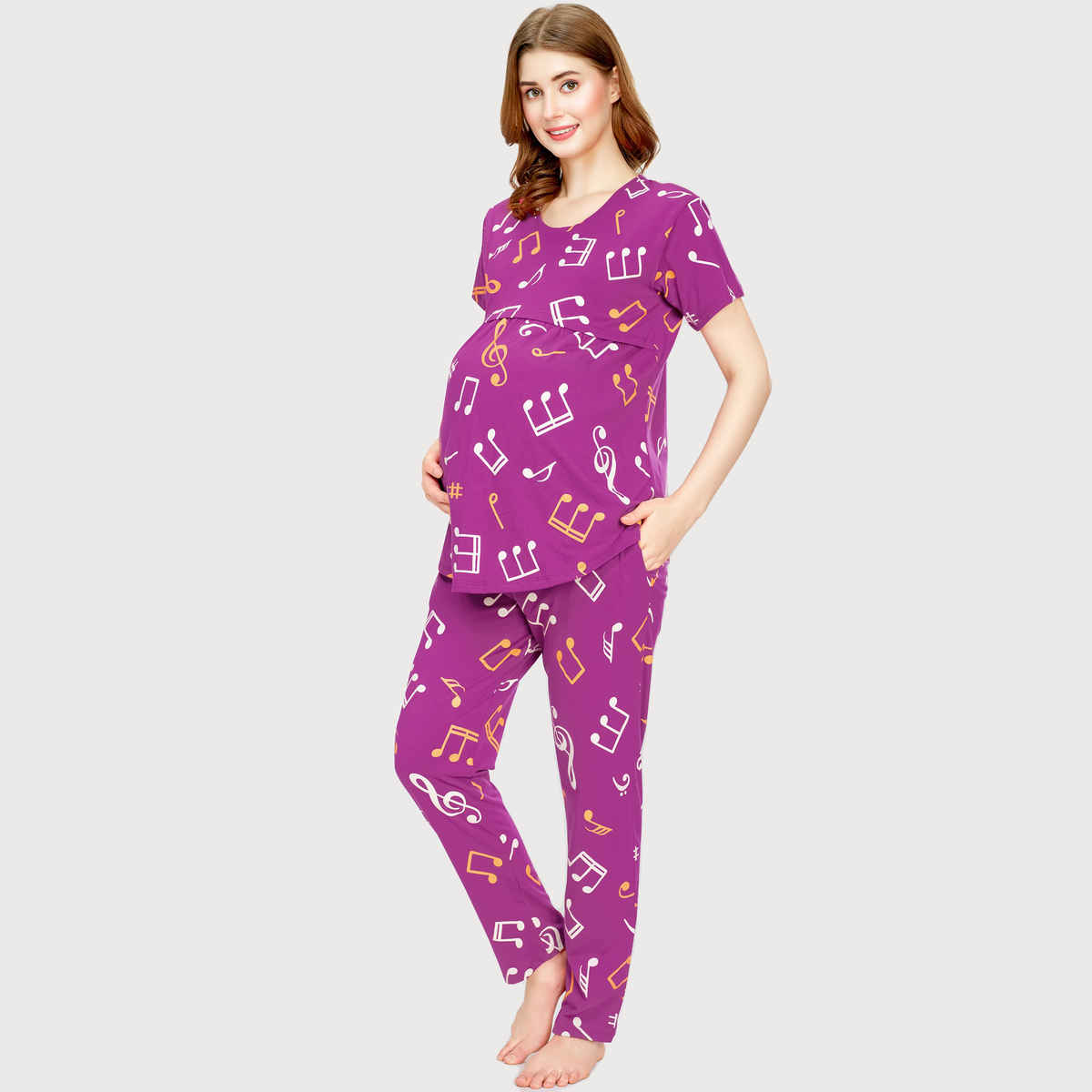 Zeyo Women Cotton Musical Notes Printed Purple Maternity Set | Top & Pyjama 5802-PP- XXL