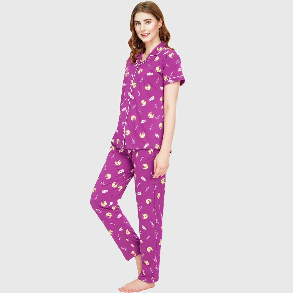 Zeyo Night Suit for Women Purple Cookies Cup Print Cotton Night Dress | Shirt-Pajama 5752-PP- XXL