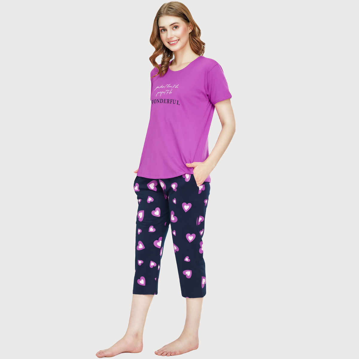 Zeyo Night Suit for Women Pink Heart Printed Cotton Night Dress of Top & Capri Set 5745-PK- M