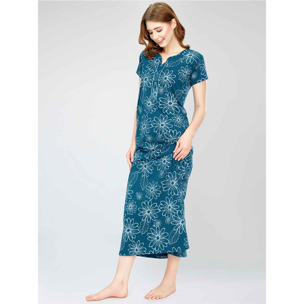 Zeyo Women Cotton Floral Printed Teal Blue Maxi Long Nighty For Women stylish 5834-TB- M