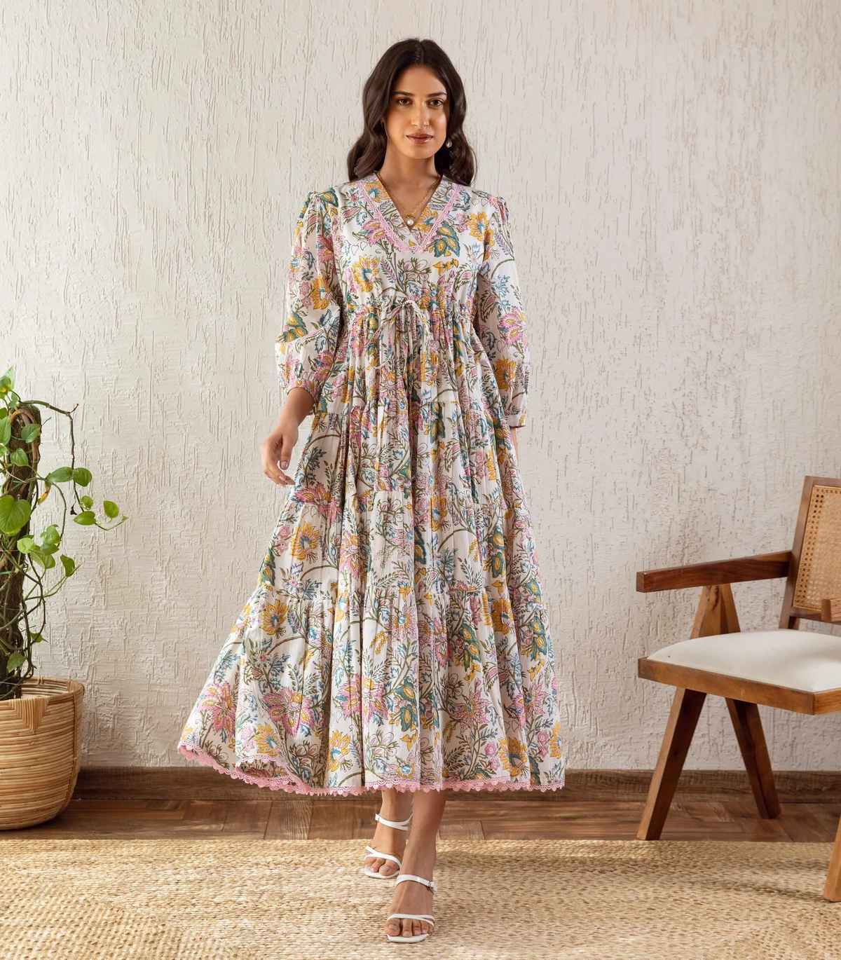Sheetal Associates Women Fit and Flare V Neck Maxi Dress | 12082 | White - S