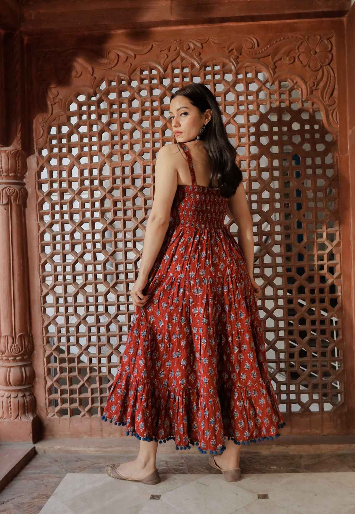 Divena Women s Maroon Buti Printed Shoulder Strip Long Dress | DK0717 | L