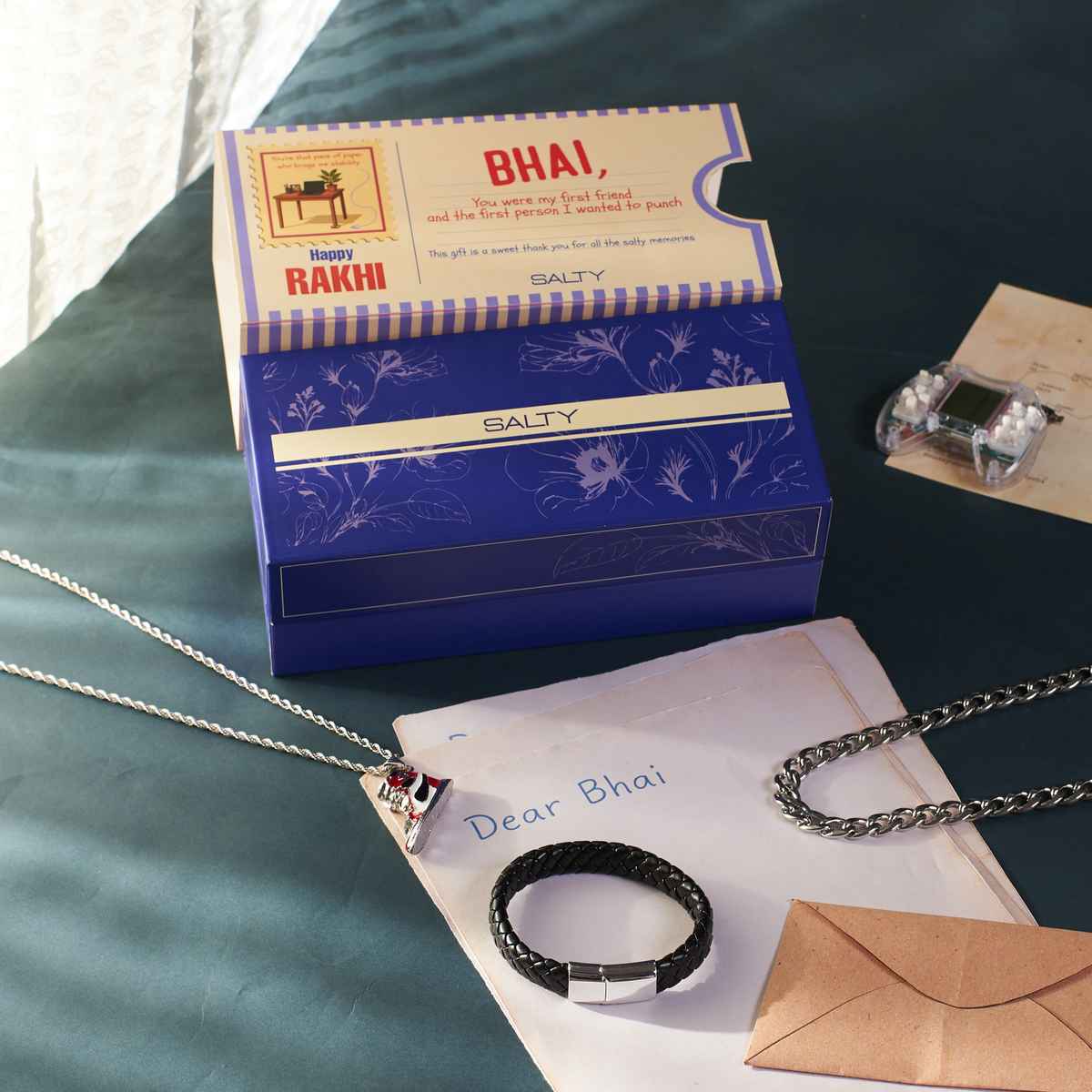 SALTY Rakhi Gift Box for Brother, Necklace & Bracelet Combo