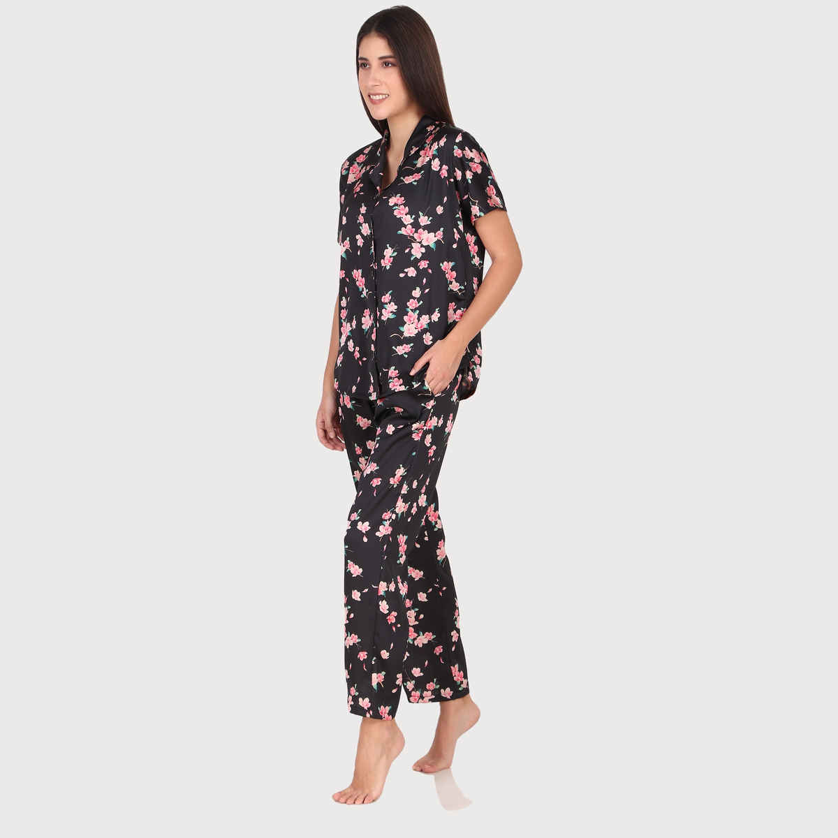 Masha Women's Spring Flower Black Satin Pajamas | Set | M