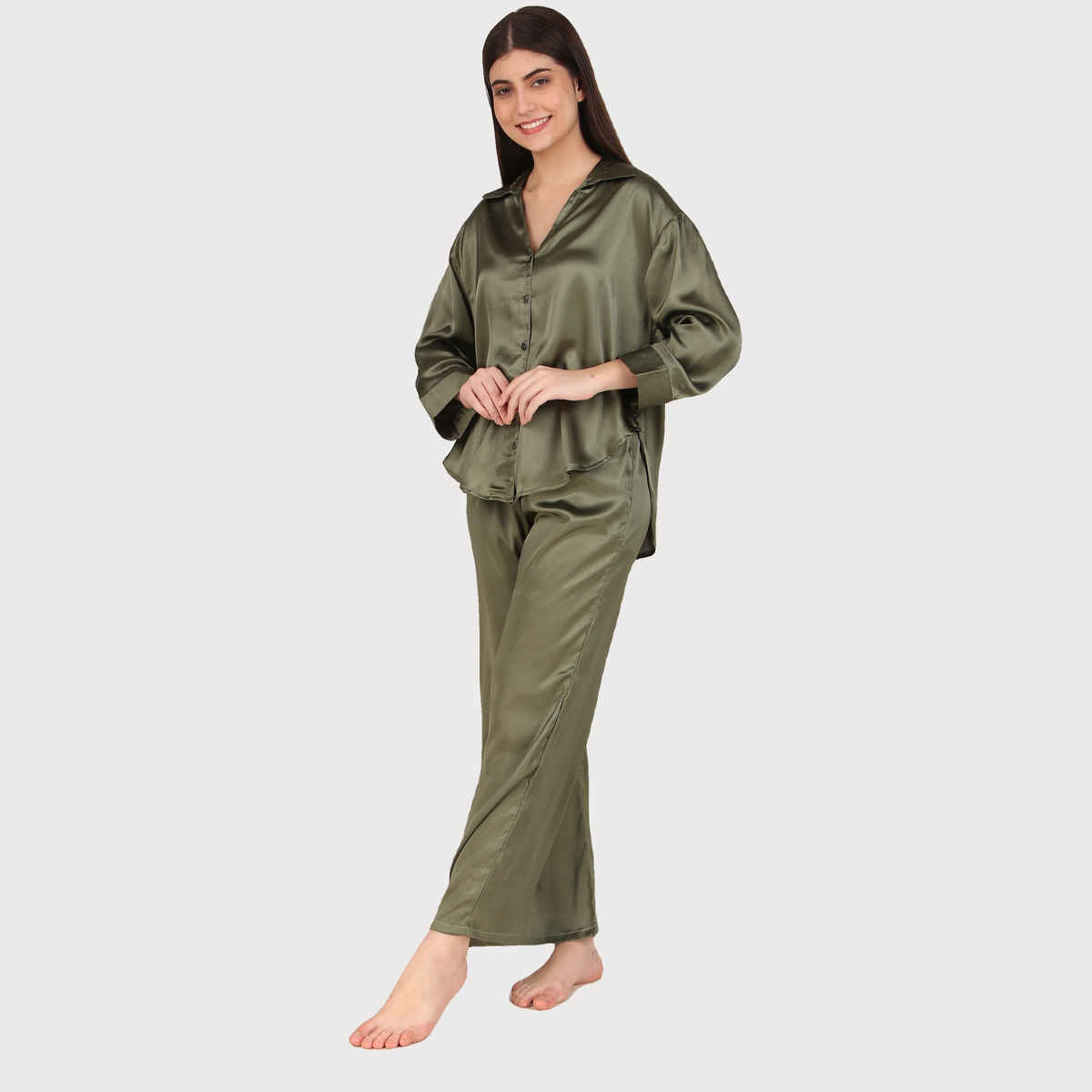 Masha Women's Solid Olive Oversized Pajamas | Set | L