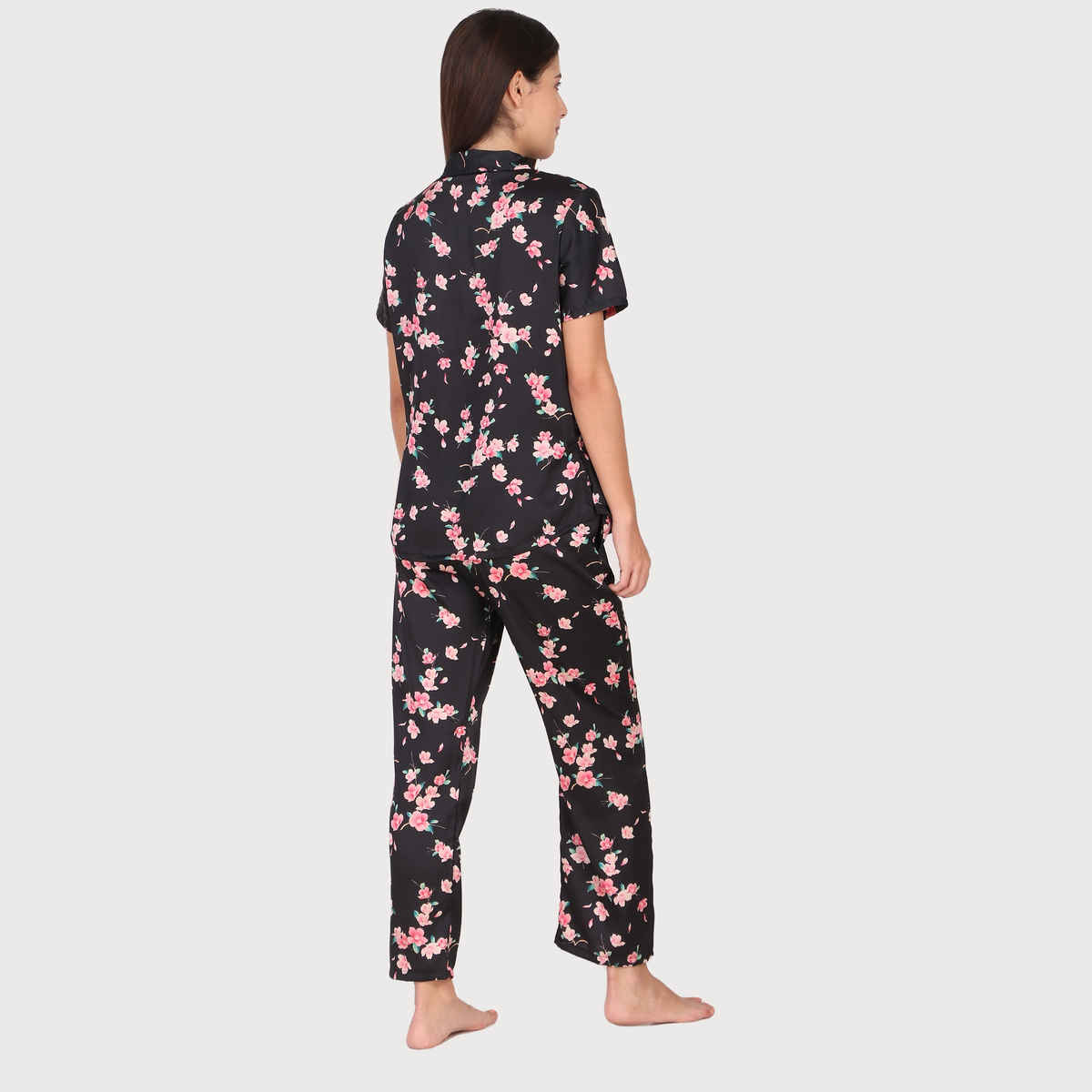 Masha Women's Spring Flower Black Satin Pajamas | Set | M