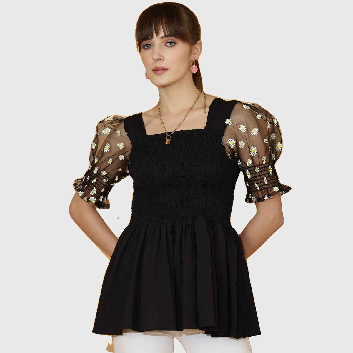 Sheetal Women's Self Design Gathered Top | 5171 | Black - M