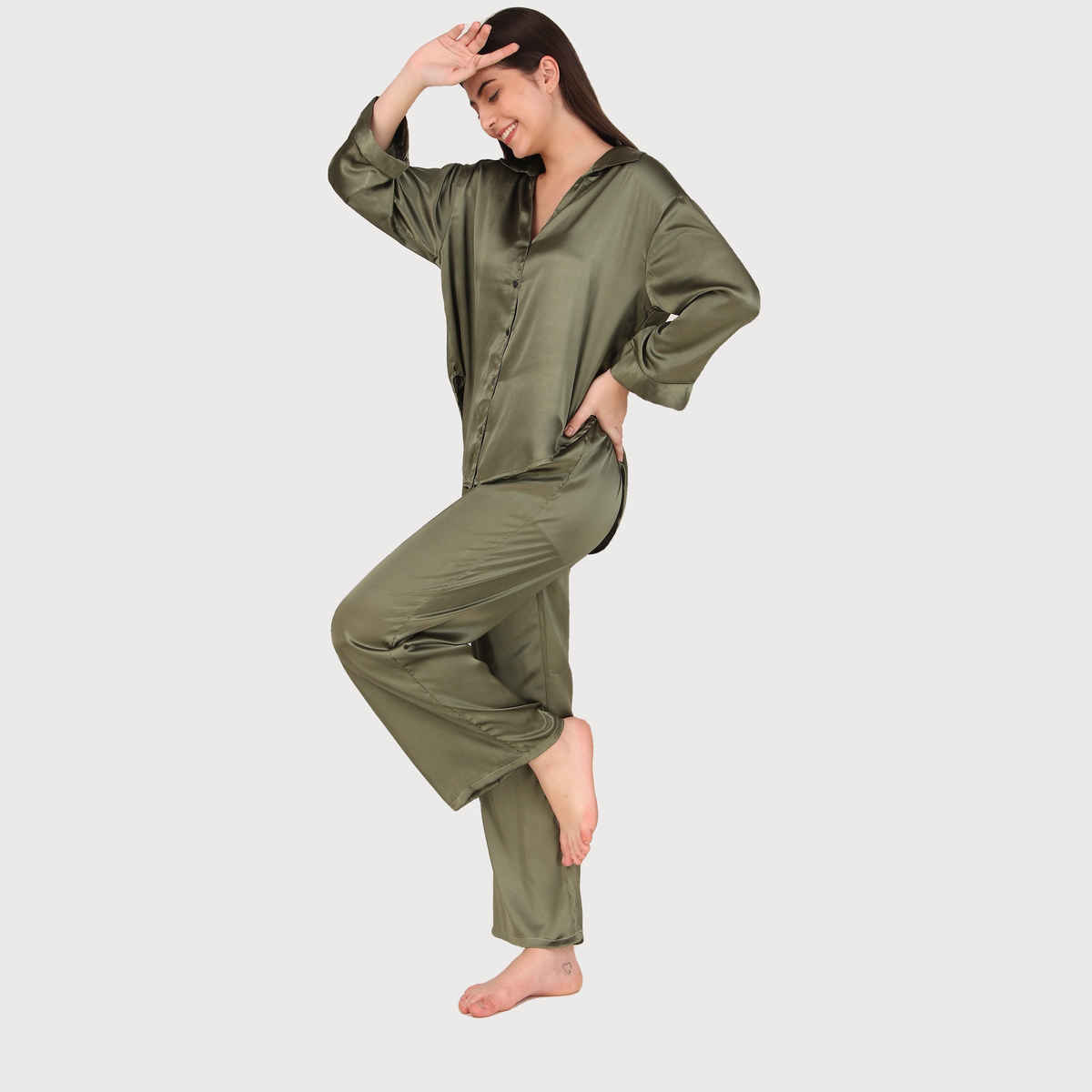 Masha Women's Solid Olive Oversized Pajamas | Set | L