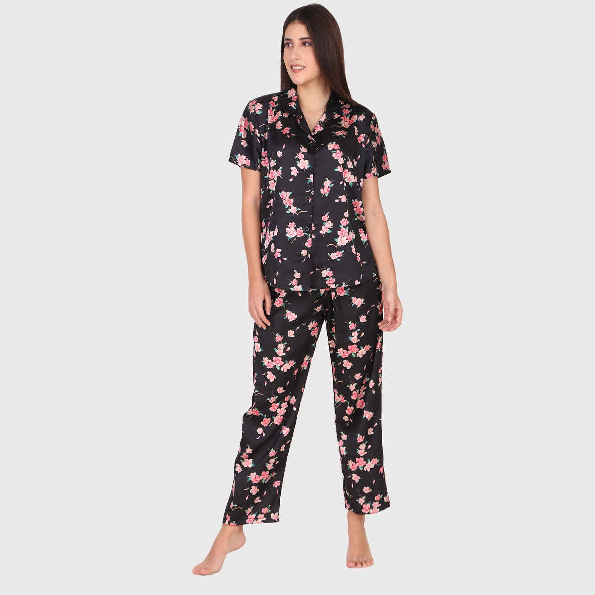 Masha Women's Spring Flower Black Satin Pajamas | Set | M