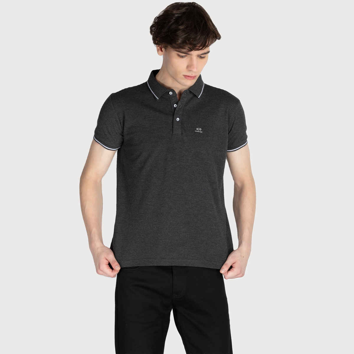 Status Quo Men Polo T-shirt - Anthra Mel | Slim Fit, Tipping Collar | M