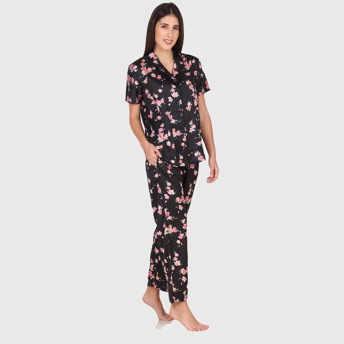 Masha Women's Spring Flower Black Satin Pajamas | Set | M