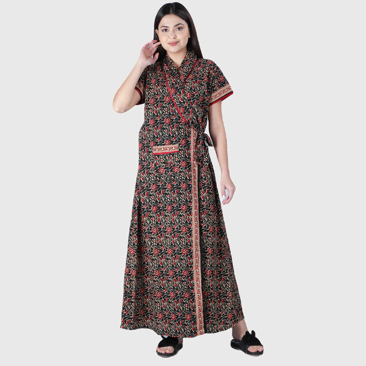Bellamy Handprinted Cotton House Coats for Women s Nightwear | 4 | XL - Black