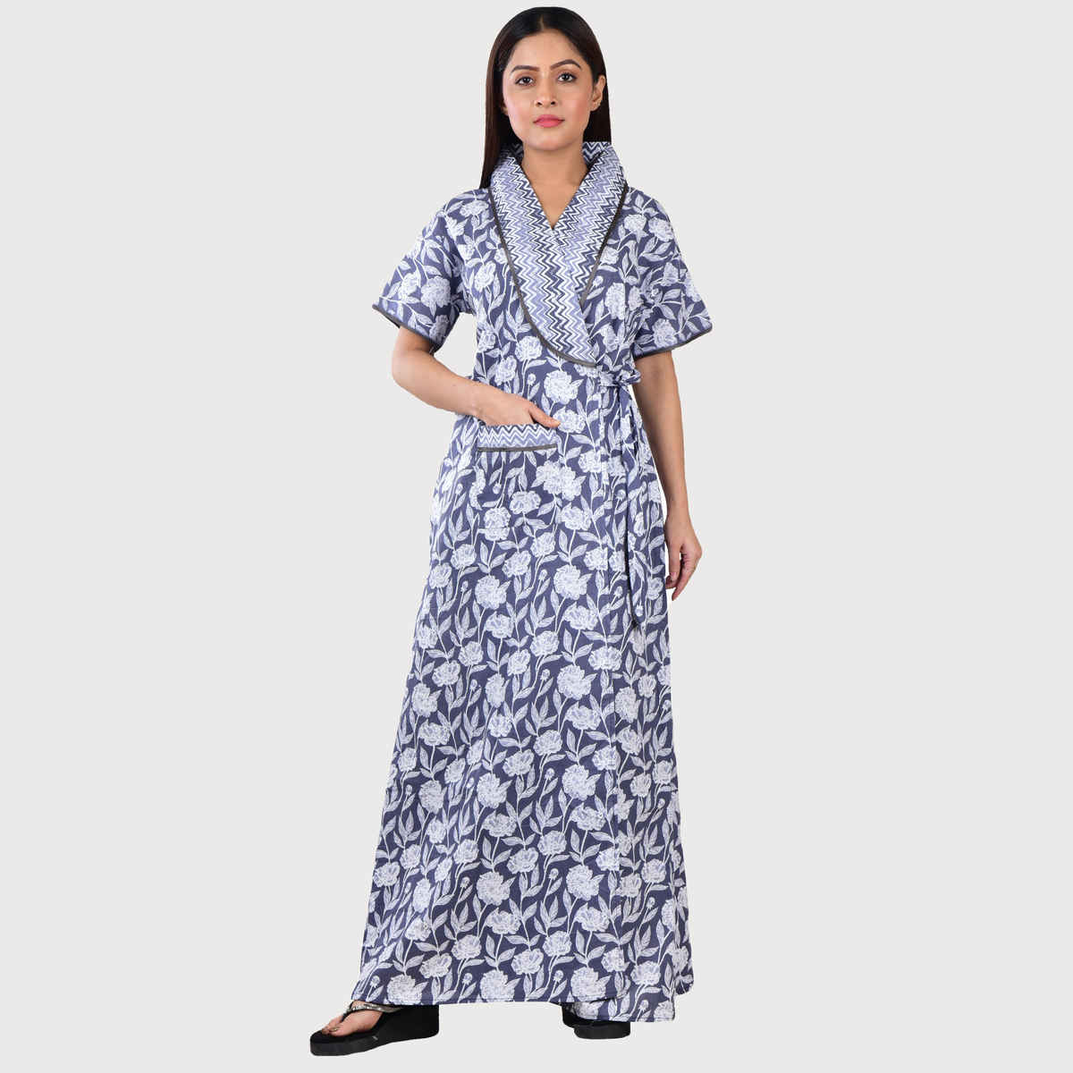 Bellamy Handprinted Cotton Housecoat for Women s Nightwear | MX1006 | L - Grey