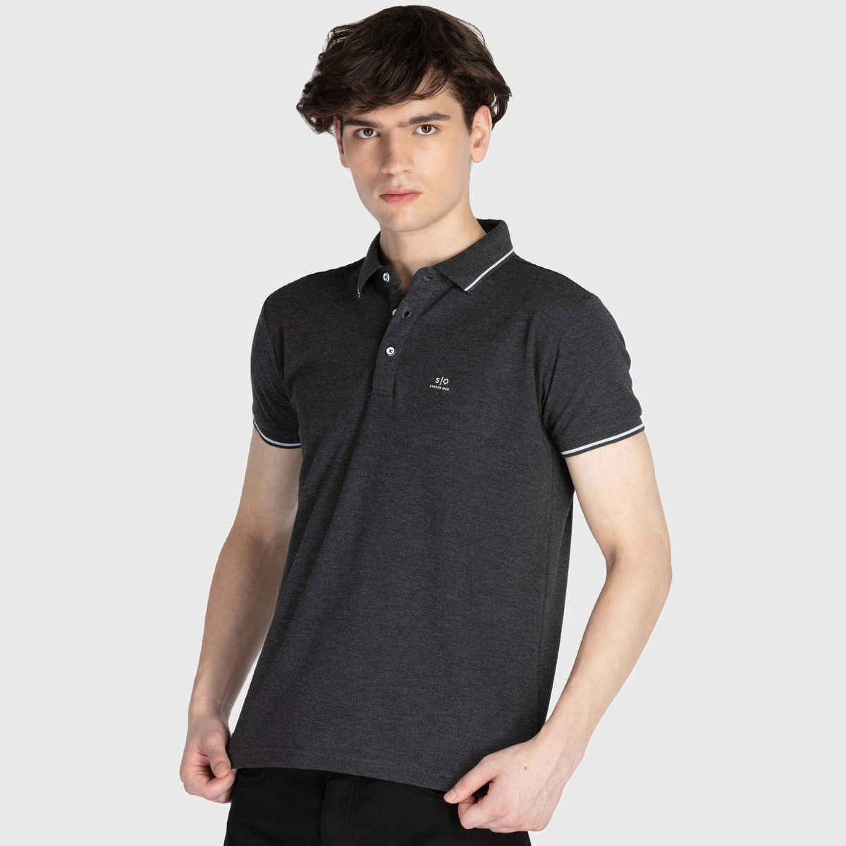 Status Quo Men Polo T-shirt - Anthra Mel | Slim Fit, Tipping Collar | M