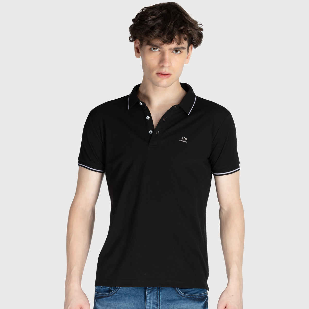 Status Quo Men Polo T-shirt - Black | Slim Fit, Tipping Collar | L