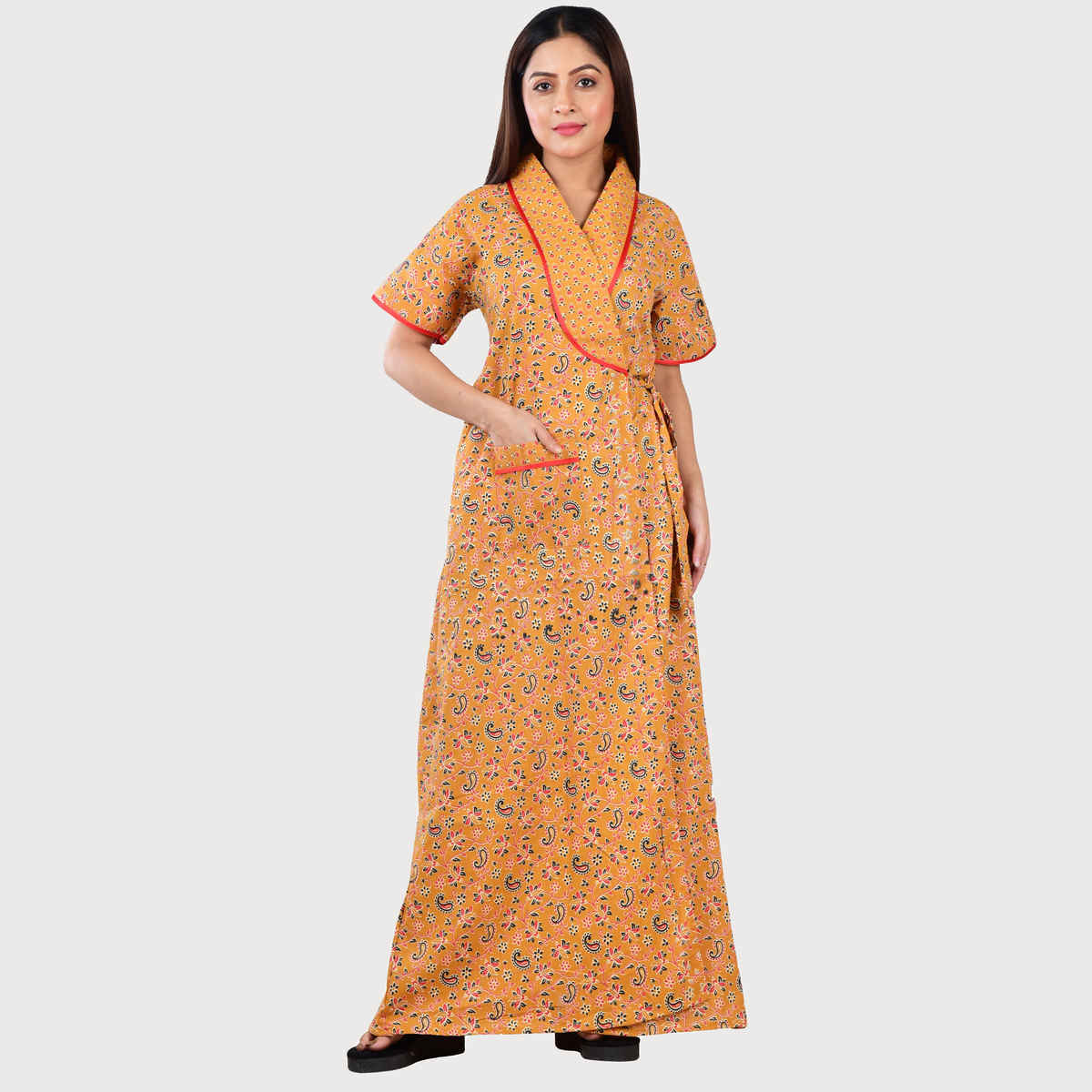 Bellamy Handprinted Cotton Housecoat for Women s Nightwear | MX1003 | XL - Orange