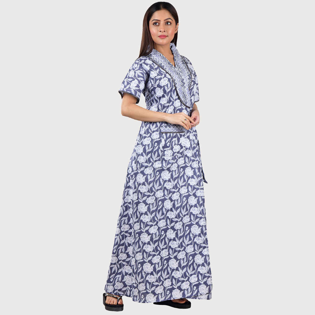 Bellamy Handprinted Cotton Housecoat for Women s Nightwear | MX1006 | XXL - Grey