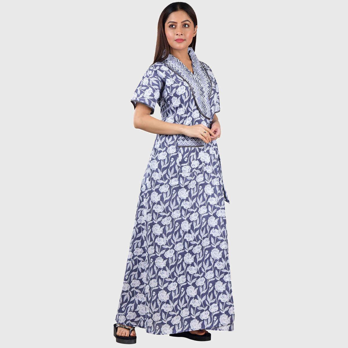 Bellamy Handprinted Cotton Housecoat for Women s Nightwear | MX1006 | L - Grey