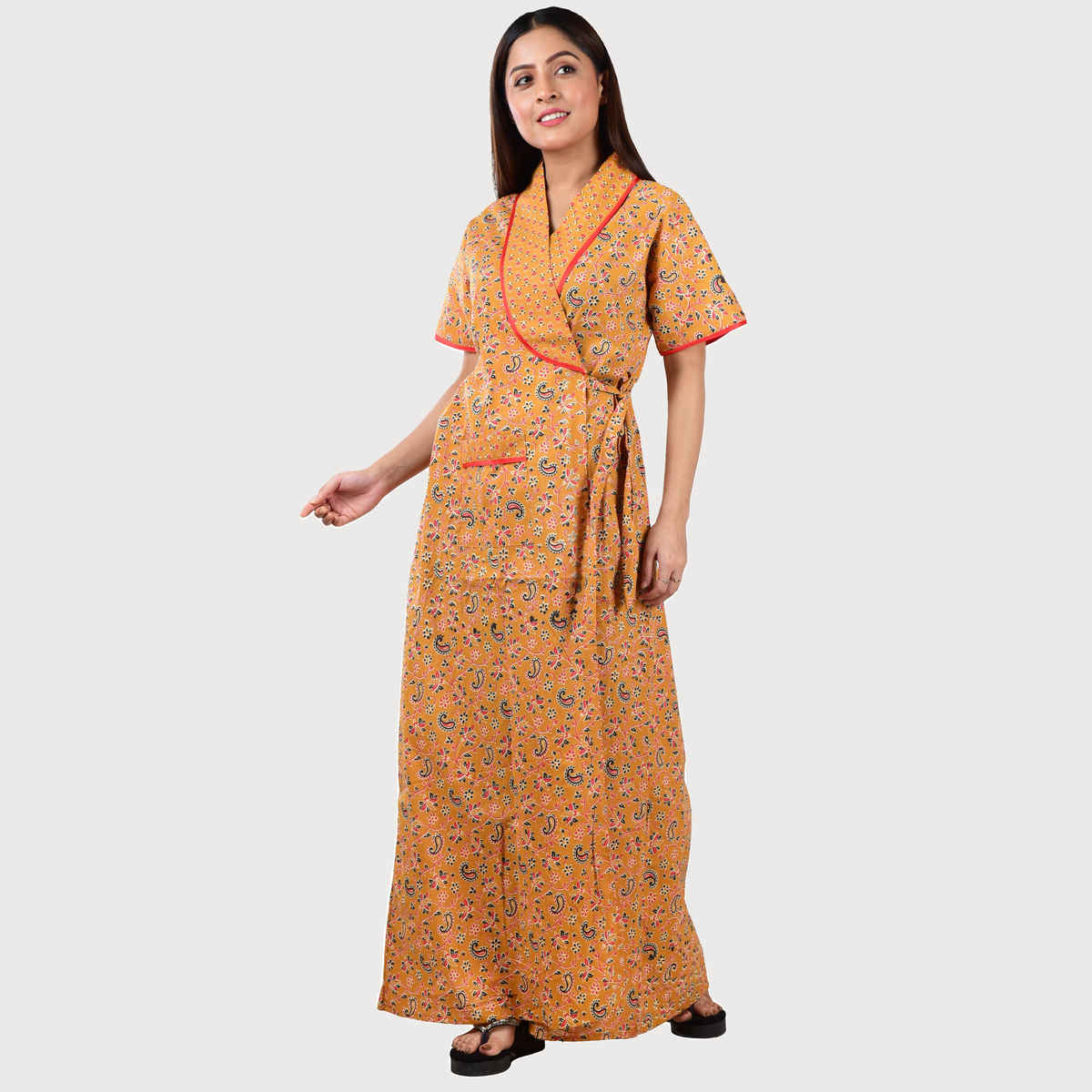Bellamy Handprinted Cotton Housecoat for Women s Nightwear | MX1003 | XL - Orange
