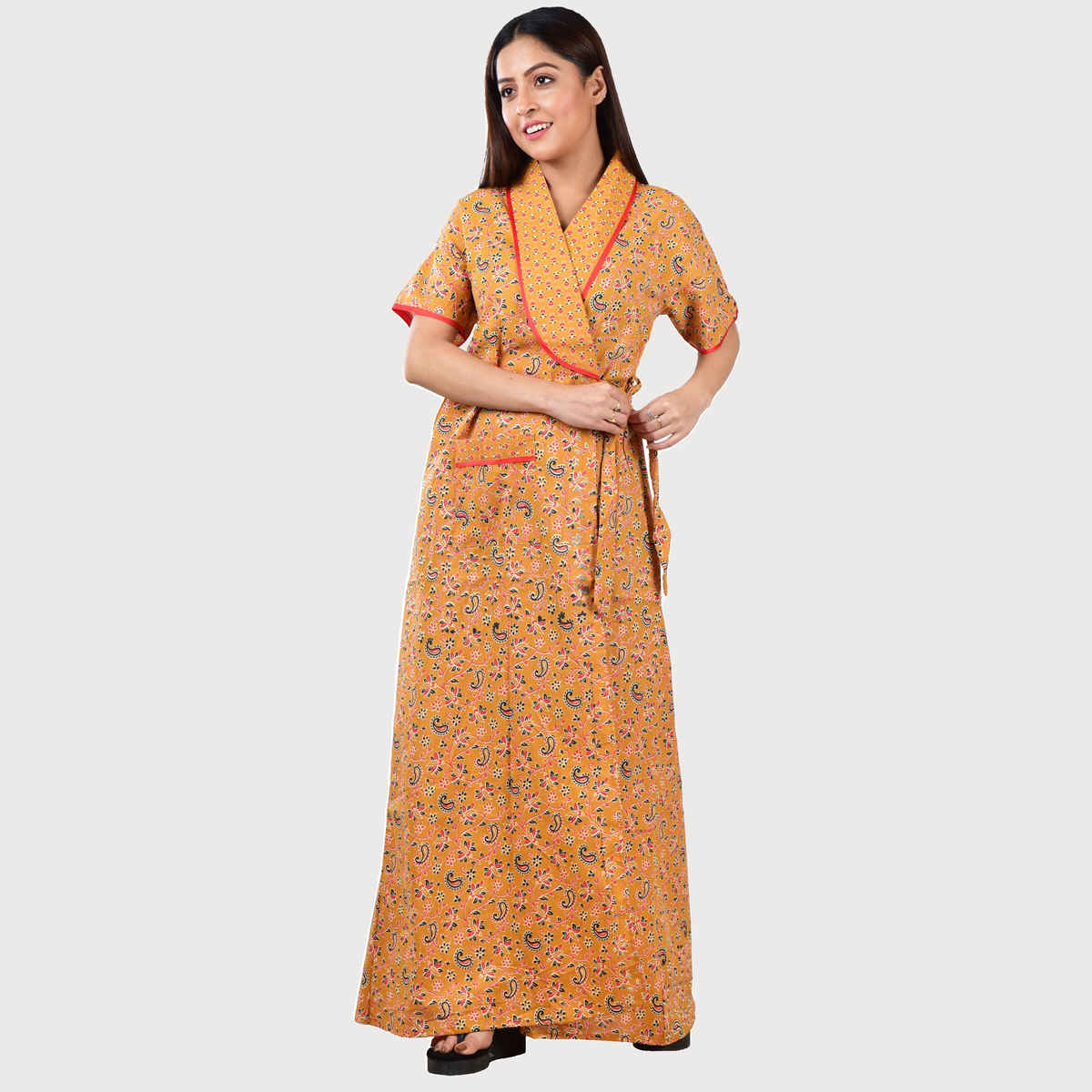 Bellamy Handprinted Cotton Housecoat for Women s Nightwear | MX1003 | XL - Orange