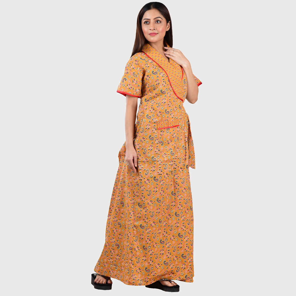 Bellamy Handprinted Cotton Housecoat for Women s Nightwear | MX1003 | XL - Orange