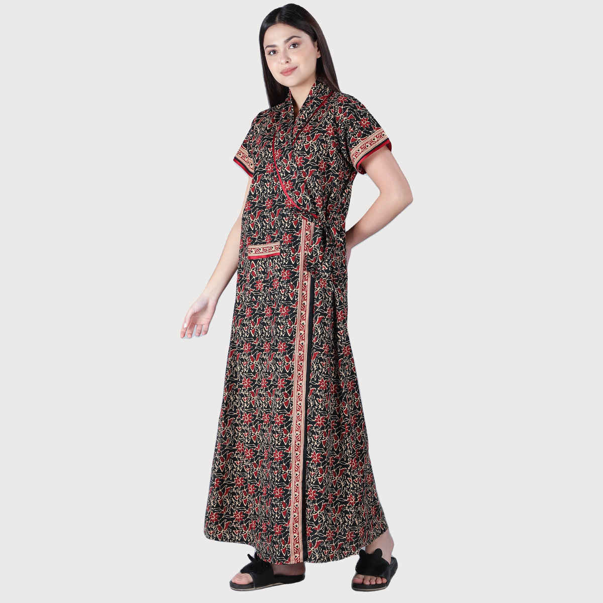 Bellamy Handprinted Cotton House Coats for Women s Nightwear | 4 | XL - Black