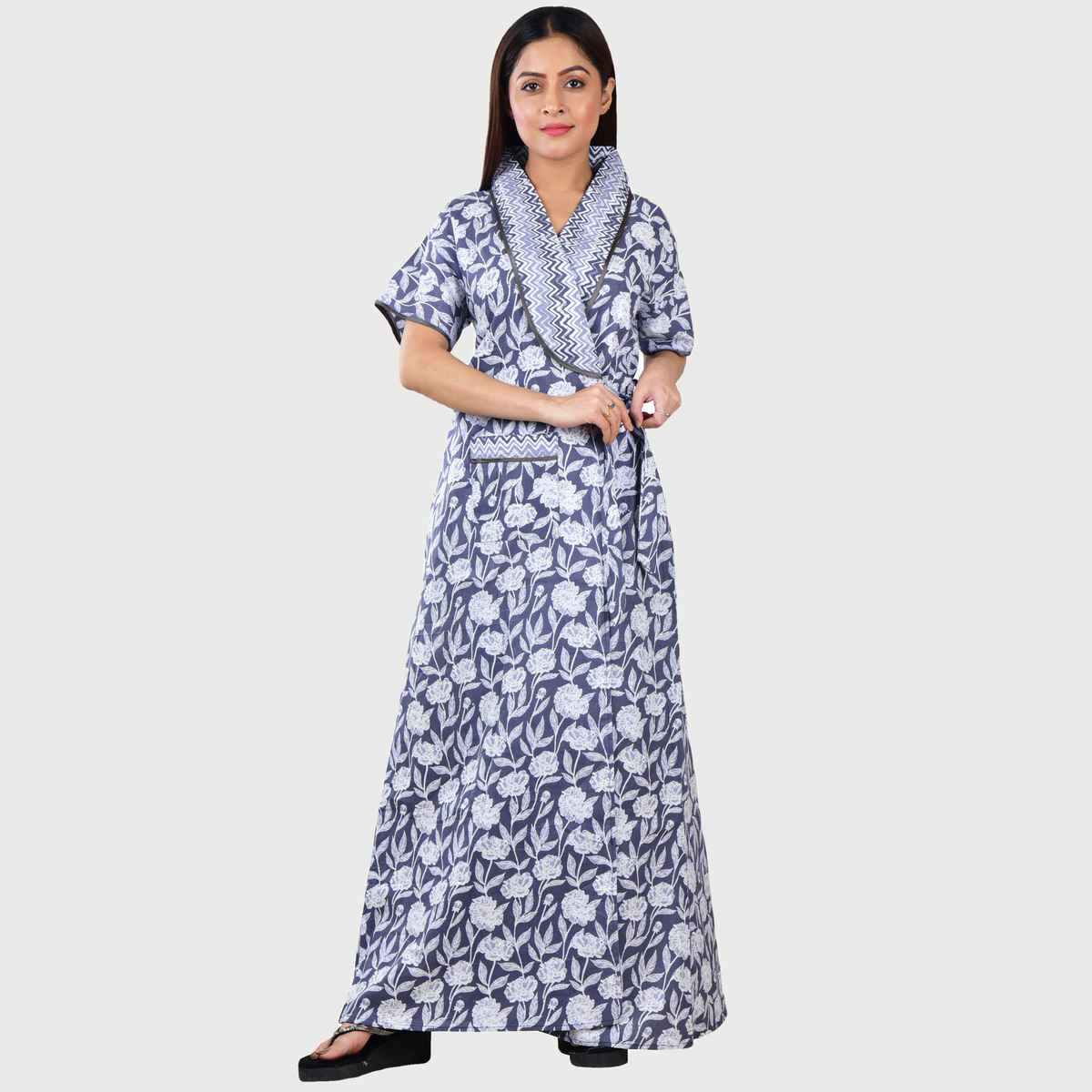 Bellamy Handprinted Cotton Housecoat for Women s Nightwear | MX1006 | XXL - Grey