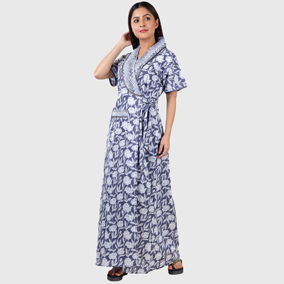 Bellamy Handprinted Cotton Housecoat for Women s Nightwear | MX1006 | XXL - Grey