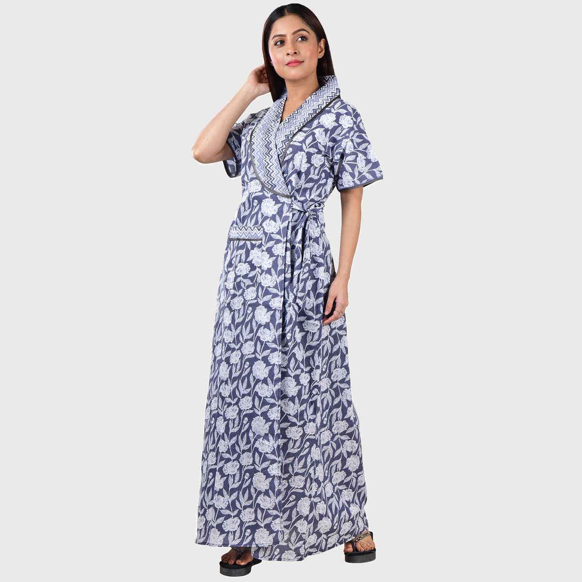 Bellamy Handprinted Cotton Housecoat for Women s Nightwear | MX1006 | L - Grey