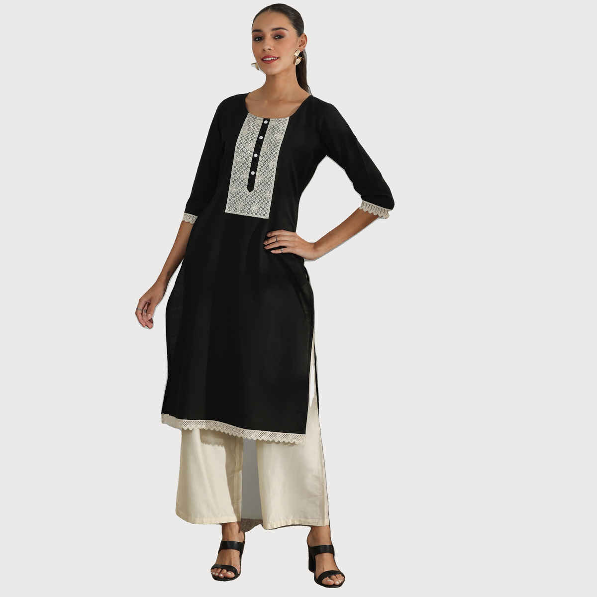 Libas Women's Yoke Design Cotton Straight Kurta | 37251 37251 | Black - XL