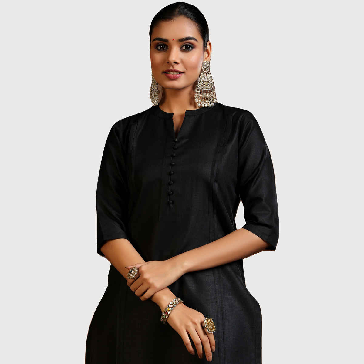 Libas Women's Solid Cotton Blend Straight Kurta with Trousers & Dupatta | 39042 39042 | Black - S