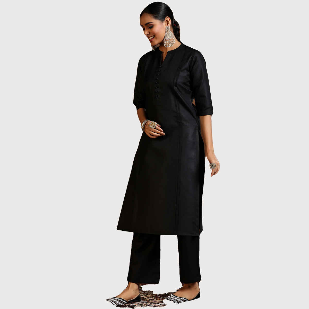 Libas Women's Solid Cotton Blend Straight Kurta with Trousers & Dupatta | 39042 39042 | Black - S