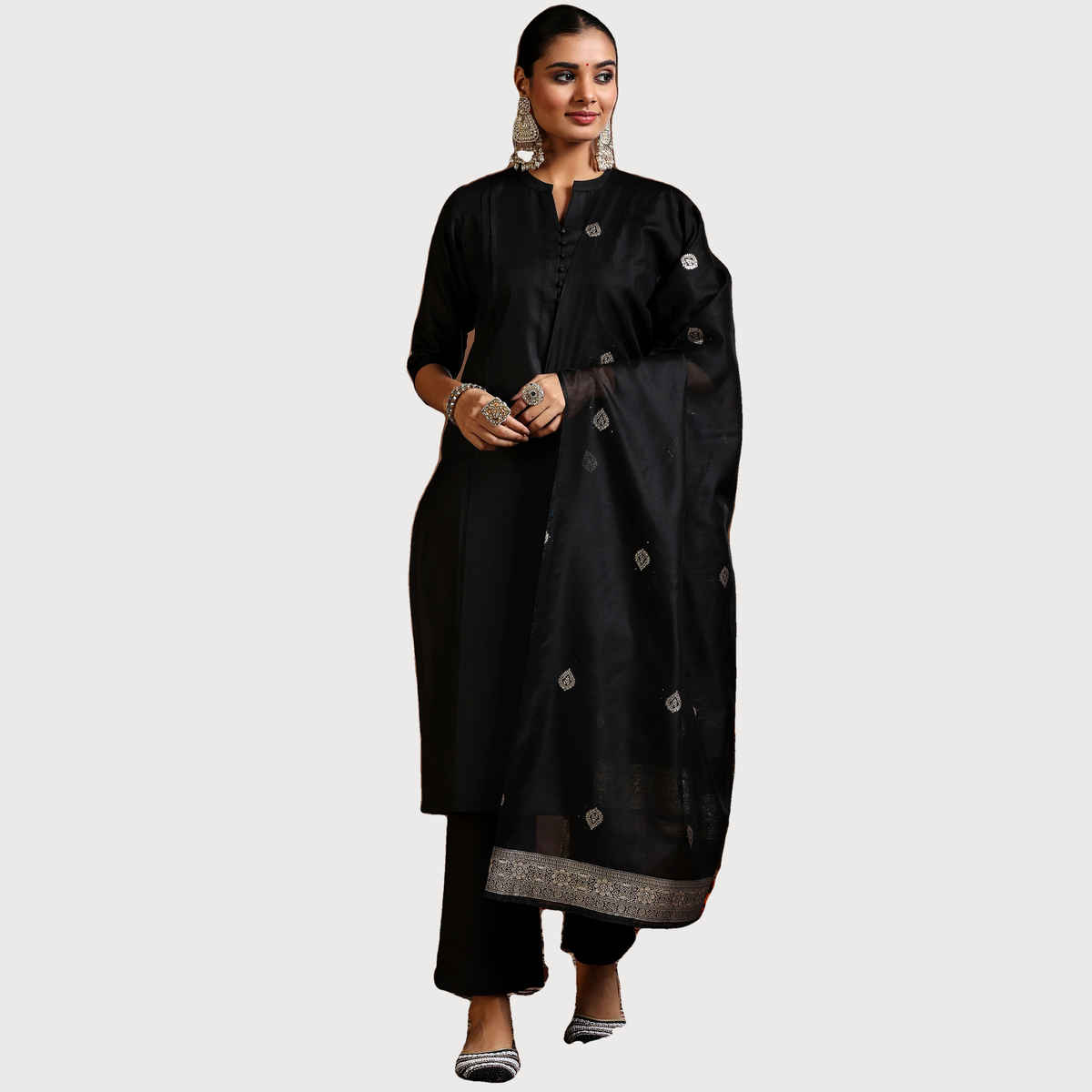 Libas Women's Solid Cotton Blend Straight Kurta with Trousers & Dupatta | 39042 39042 | Black - S