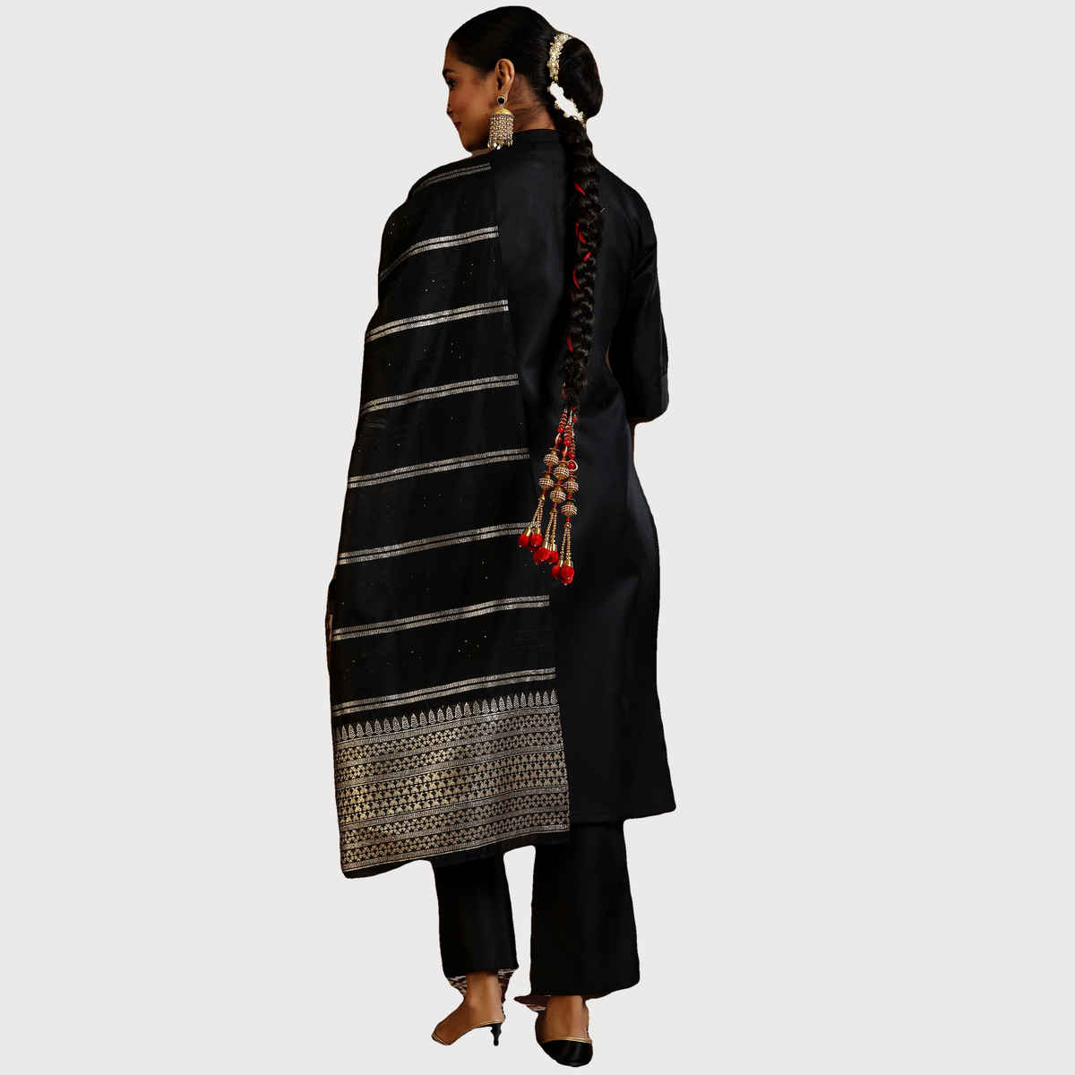 Libas Women's Solid Cotton Blend Straight Kurta with Trousers & Dupatta | 39047 39047 | Black - M