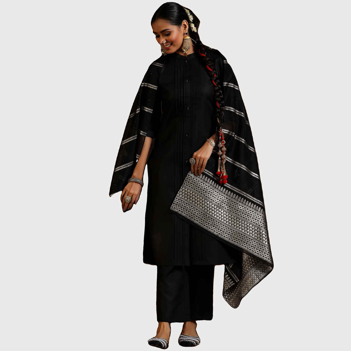 Libas Women's Solid Cotton Blend Straight Kurta with Trousers & Dupatta | 39047 39047 | Black - M
