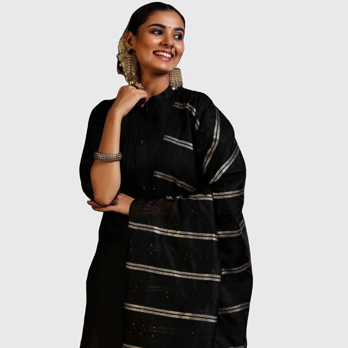 Libas Women's Solid Cotton Blend Straight Kurta with Trousers & Dupatta | 39047 39047 | Black - M